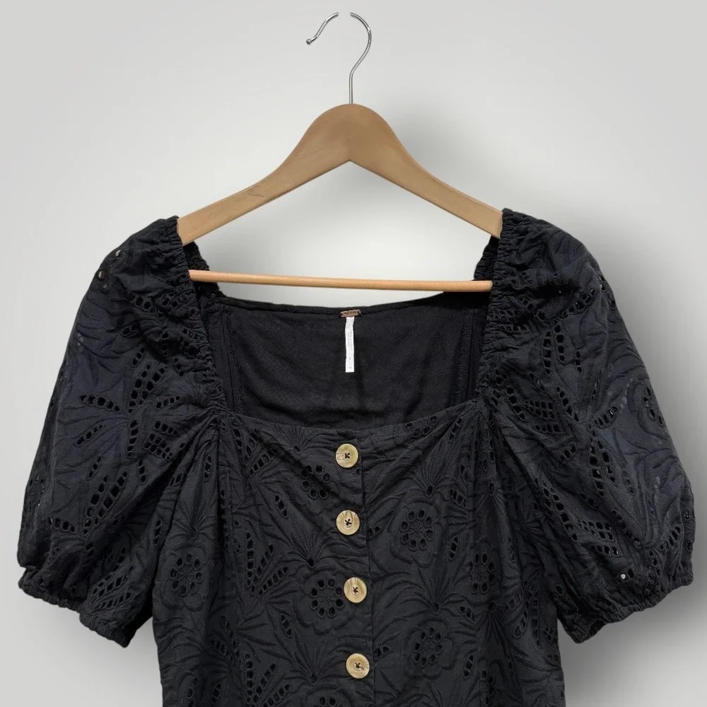 Free People Black‎ Eyelet Puff Sleeve Button Front Mini Dress Womens Size 10